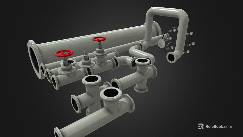 Industrial Metal Pipes With Red Valves And Mechanical Fittings Connections 3d model 
