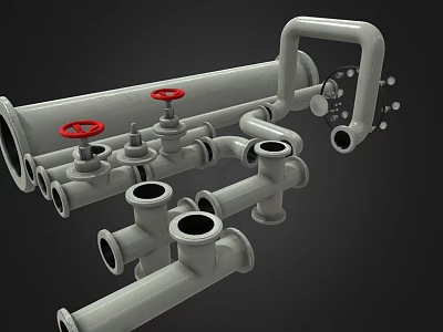 Industrial Metal Pipes With Red Valves And Mechanical Fittings Connections 3d model