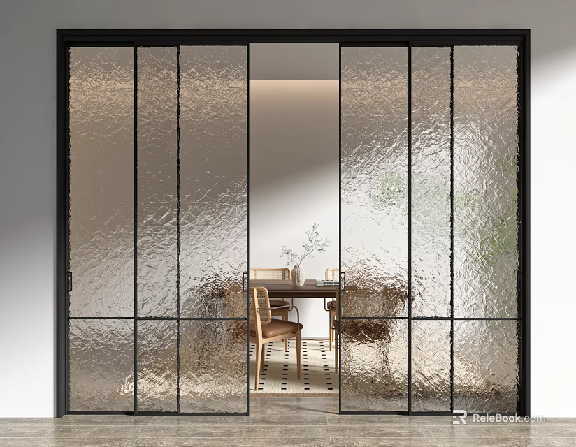 Modern Sliding Doors With Rippled Glass And Black Frame For Dining Area Interior Design 3d model 