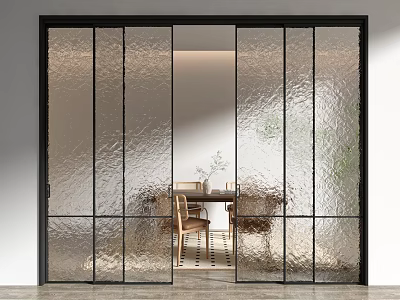Modern Sliding Doors With Rippled Glass And Black Frame For Dining Area Interior Design 3d model