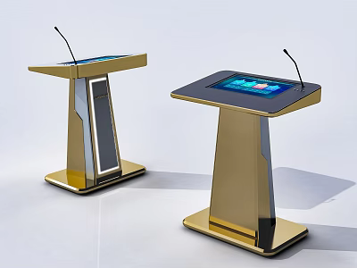 Two Modern Gold Podiums With Digital Screens And Microphones 3d model