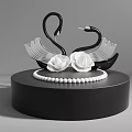 Decorative Black Swan Figurines With White Flowers On Black Circular Base And White Beads