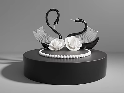Decorative Black Swan Figurines With White Flowers On Black Circular Base And White Beads 3d model
