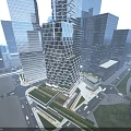 Modern Urban Office Building With Glass Facade Surrounded by Skyscrapers and Green Space