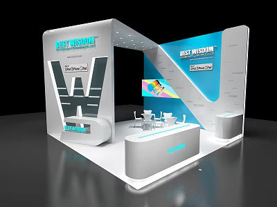 Modern Exhibition Booth With White Blue Design Brand Logo And Display Area 3d model