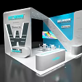 Modern Exhibition Booth With White Blue Design Brand Logo And Display Area
