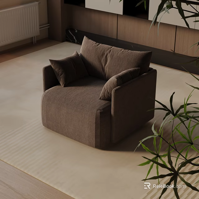 Brown Lounge Chair With Pillows In Modern Interior On Beige Rug Near Green Plant 3d model 