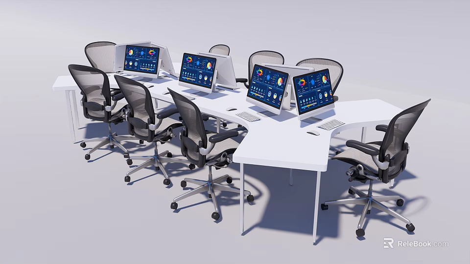 White Office Desk Setup With Multiple Computer Monitors And Black Office Chairs 3d model