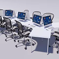 White Office Desk Setup With Multiple Computer Monitors And Black Office Chairs 3d model