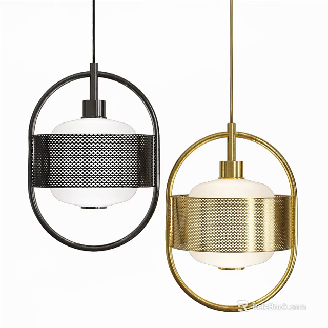 Modern Pendant Lights With Black And Gold Circular Frames And White Glass Shades 3d model 