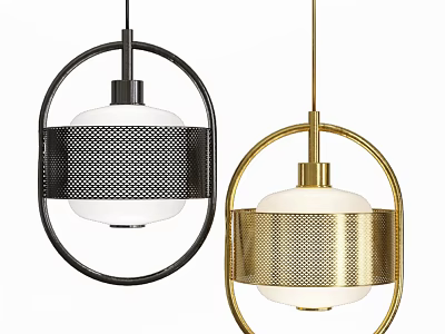 Modern Pendant Lights With Black And Gold Circular Frames And White Glass Shades 3d model