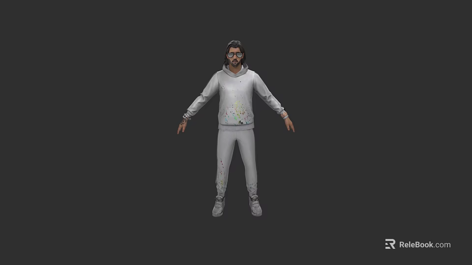 3D Game and Movie Character in Gray Hoodie and Sweatpants With Colorful Design and Glasses 3d model 