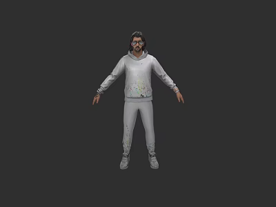 3D Game and Movie Character in Gray Hoodie and Sweatpants With Colorful Design and Glasses 3d model