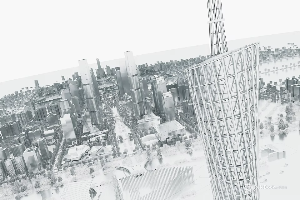 Urban City Skyline With Modern Tall Buildings And Unique Tower Structure 3d model 