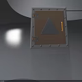 Brown Hinged Door With Metal Frame Rivets Triangle Sign And Gold Handle Industrial Design