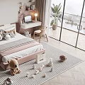 Pink Kids Bed with Plush Pillows Desk Lamp Teddy Bear and Building Blocks