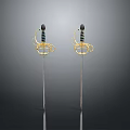 Pair of Ornate Swords With Golden Guard Black Grip And Polished Silver Blade