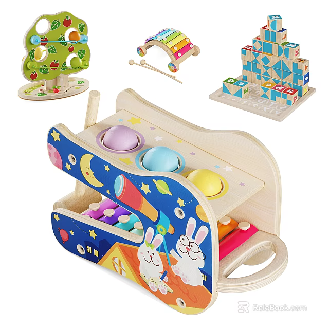 Cute Rabbit Wooden Doll Toy With Colorful Buttons Moon Stars And Tent Design 3d model 