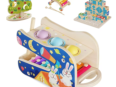 Cute Rabbit Wooden Doll Toy With Colorful Buttons Moon Stars And Tent Design 3d model