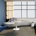 Modern Lounge Area Interior With Pendant Lights Large Windows Curtains Sofa And Comfortable Chairs