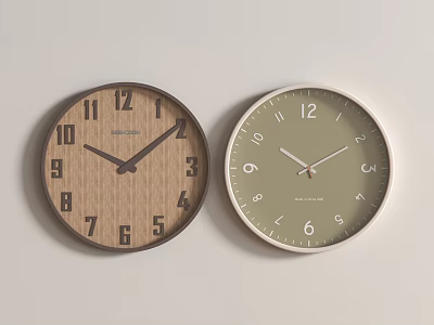 Two Modern Round Wall Clocks With Wooden And Light Green Wall Design 3d model