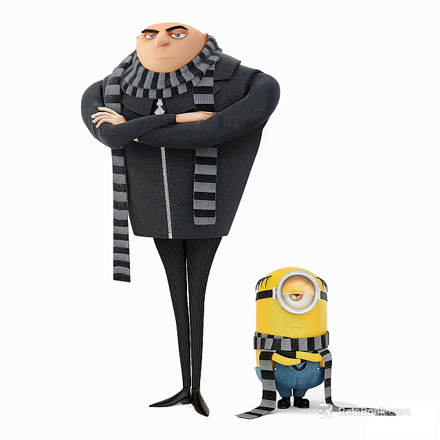 Tall Movie Character in Black Jacket With Gray Striped Scarf and Yellow Minion With Goggles 3d model 