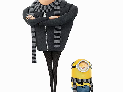 Tall Movie Character in Black Jacket With Gray Striped Scarf and Yellow Minion With Goggles 3d model