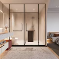 Modern Bedroom Interior With Wooden Bed Gray Brown Quilt Desk Bookshelf And Metal Chair