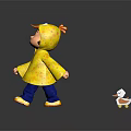 Child Doll Wearing Yellow Polka Dot Raincoat Standing Next To Small Duckling Toy