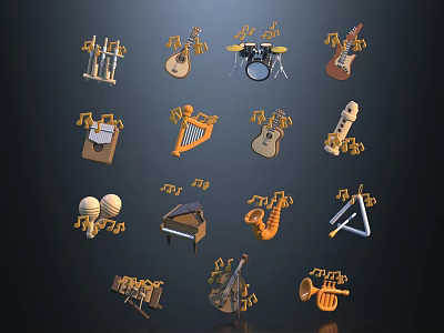 Musical Instruments and Art Supplies with Guitar Drum Harp Saxophone Piano Easel and Notes 3d model