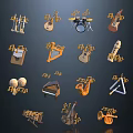 Musical Instruments and Art Supplies with Guitar Drum Harp Saxophone Piano Easel and Notes