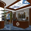 Elegant Specialty Store Interior with Wooden Walls Blue Billboard Reception Counter and Marble Floor