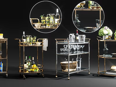 Modern Bar Carts With Brass Frames Glass Shelves And Wine Bottles 3d model