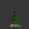 Green Christmas Tree With Golden Decorations And Colorful Gift Boxes Around