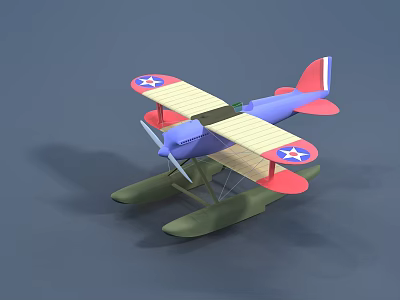 Biplane Passenger Plane With Blue Fuselage Yellow Wings Red Edges White Star Emblems Green Floats 3d model