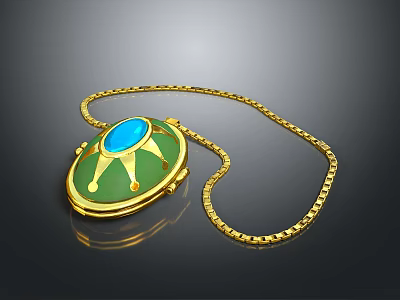 Elegant Gold Pendant With Green Body And Blue Gemstone On Chain 3d model