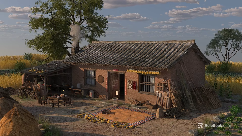 Rural Countryside Landscape With Traditional Brick House Tiled Roof Yard Tables And Dried Crops 3d model 