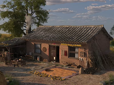 Rural Countryside Landscape With Traditional Brick House Tiled Roof Yard Tables And Dried Crops 3d model