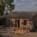 Rural Countryside Landscape With Traditional Brick House Tiled Roof Yard Tables And Dried Crops