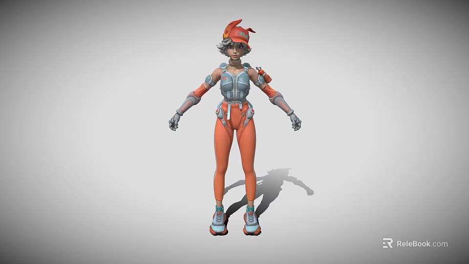 Woman in Orange and Gray Futuristic Armor With Red Hat Standing Dynamic Pose 3d model 