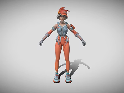 Woman in Orange and Gray Futuristic Armor With Red Hat Standing Dynamic Pose 3d model