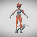 Woman in Orange and Gray Futuristic Armor With Red Hat Standing Dynamic Pose