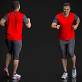Man In Red Vest Gray Pants And Sports Shoes Running On Black Background