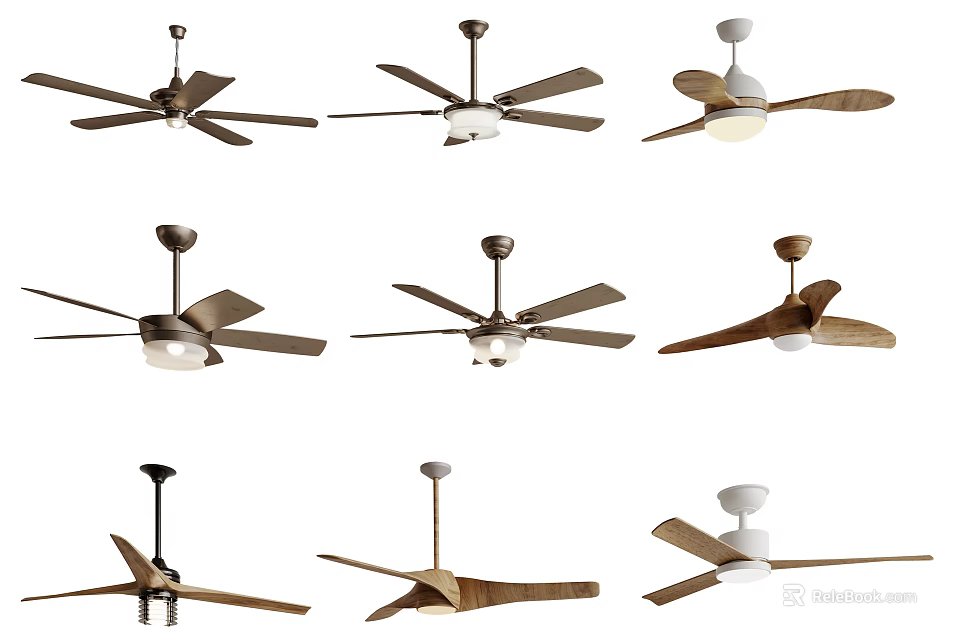 Various Stylish Ceiling Fans With Diverse Blade Designs And Modern Finishes 3d model 