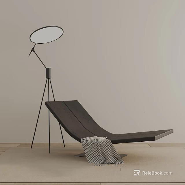 Dark Brown Lounge Chair With Tripod Floor Lamp And Patterned Blanket In Light Wall Interior 3d model 