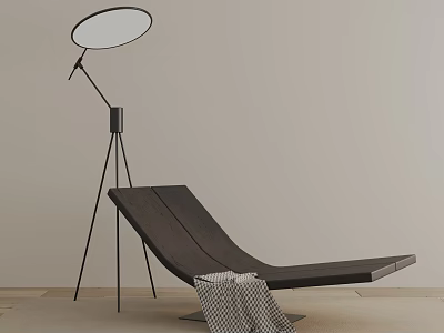 Dark Brown Lounge Chair With Tripod Floor Lamp And Patterned Blanket In Light Wall Interior 3d model