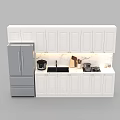 Modern White Kitchen Cabinets With Countertop Sink And Stainless Steel Refrigerator Appliances