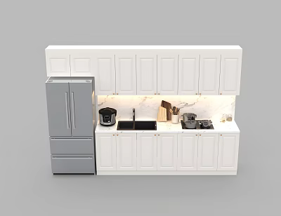 Modern White Kitchen Cabinets With Countertop Sink And Stainless Steel Refrigerator Appliances 3d model