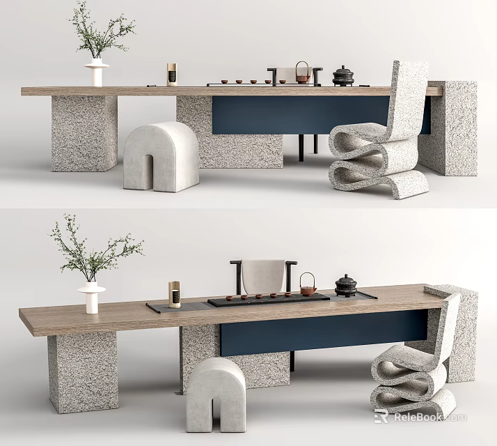 Modern Tea Table And Chairs Featuring Stone Base Curved Design And Tea Set 3d model