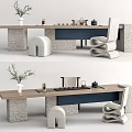 Modern Tea Table And Chairs Featuring Stone Base Curved Design And Tea Set 3d model